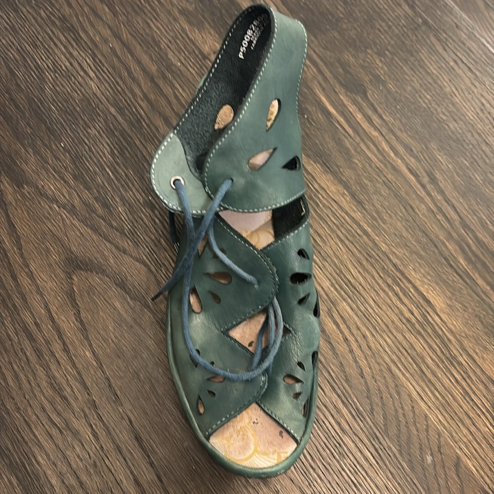 Fly London Teal Green Cutout Lace-Up Wedge Sandals - Picture 3 of 7